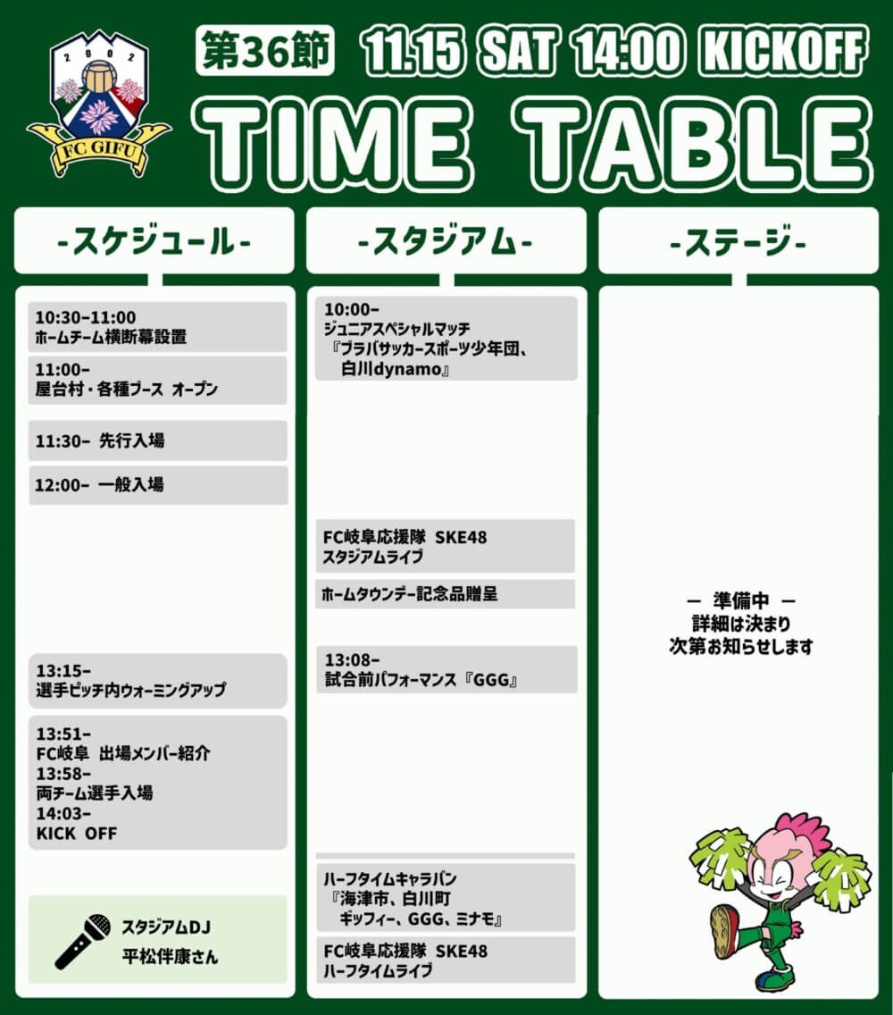 FC岐阜 vs 栃木シティ 2025年11月15日 タイムテーブル