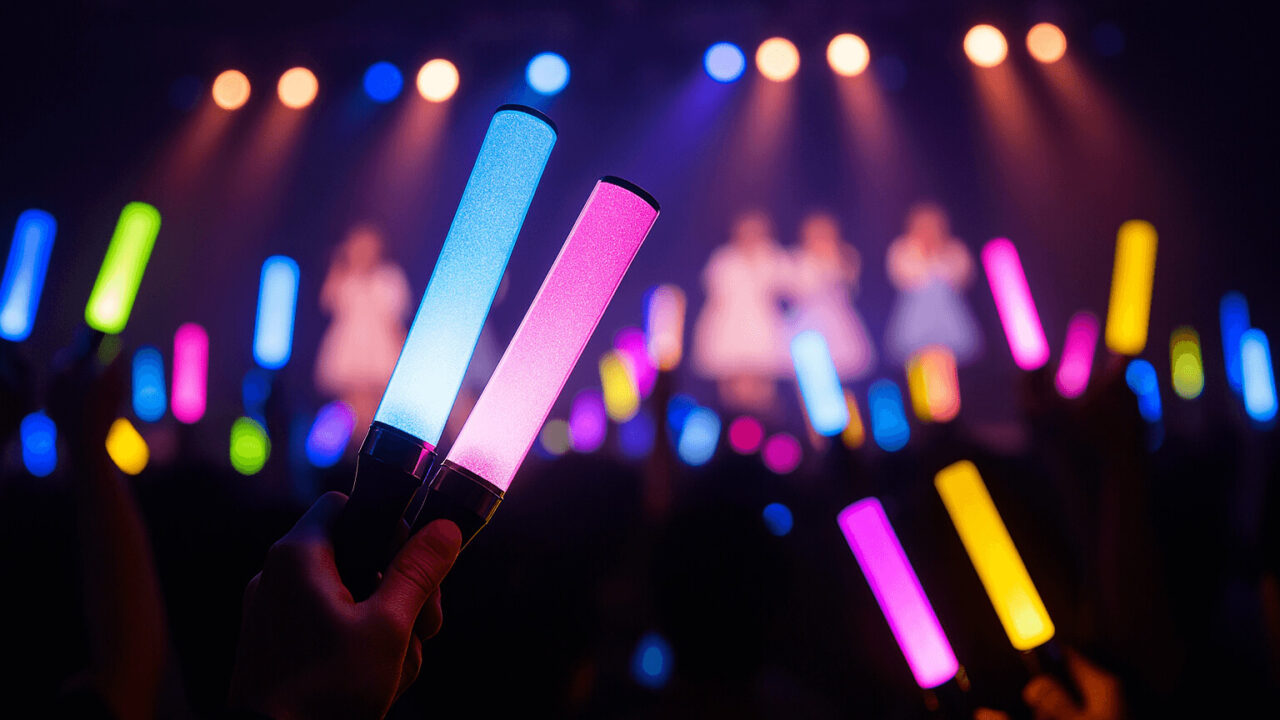 サイリウムとペンライトが光るアイドルライブの観客席。SKE48劇場のような温かい応援の雰囲気を表現。