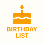 SKE48メンバーの誕生日を象徴するオレンジ色のケーキアイコンと「BIRTHDAY LIST」の文字。白背景にSKEオレンジを使ったシンプルなデザイン。