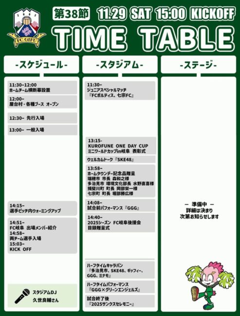 FC岐阜 2025年11月29日 FC大阪戦 タイムテーブル